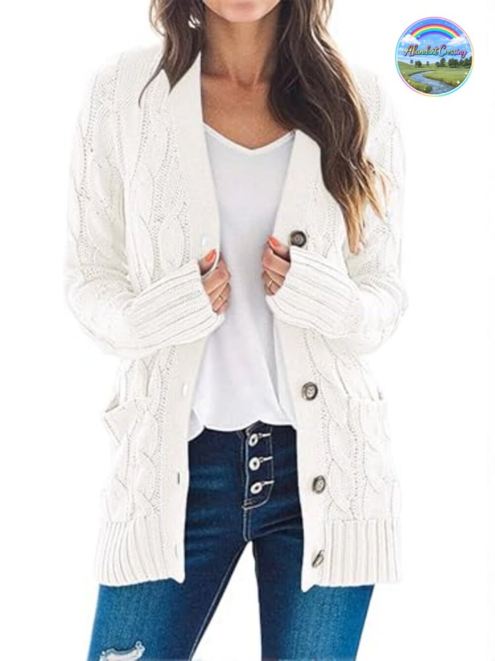MEROKEETY Womens Cable Knit Cardigan Long Sleeve Button V-Neck Sweater